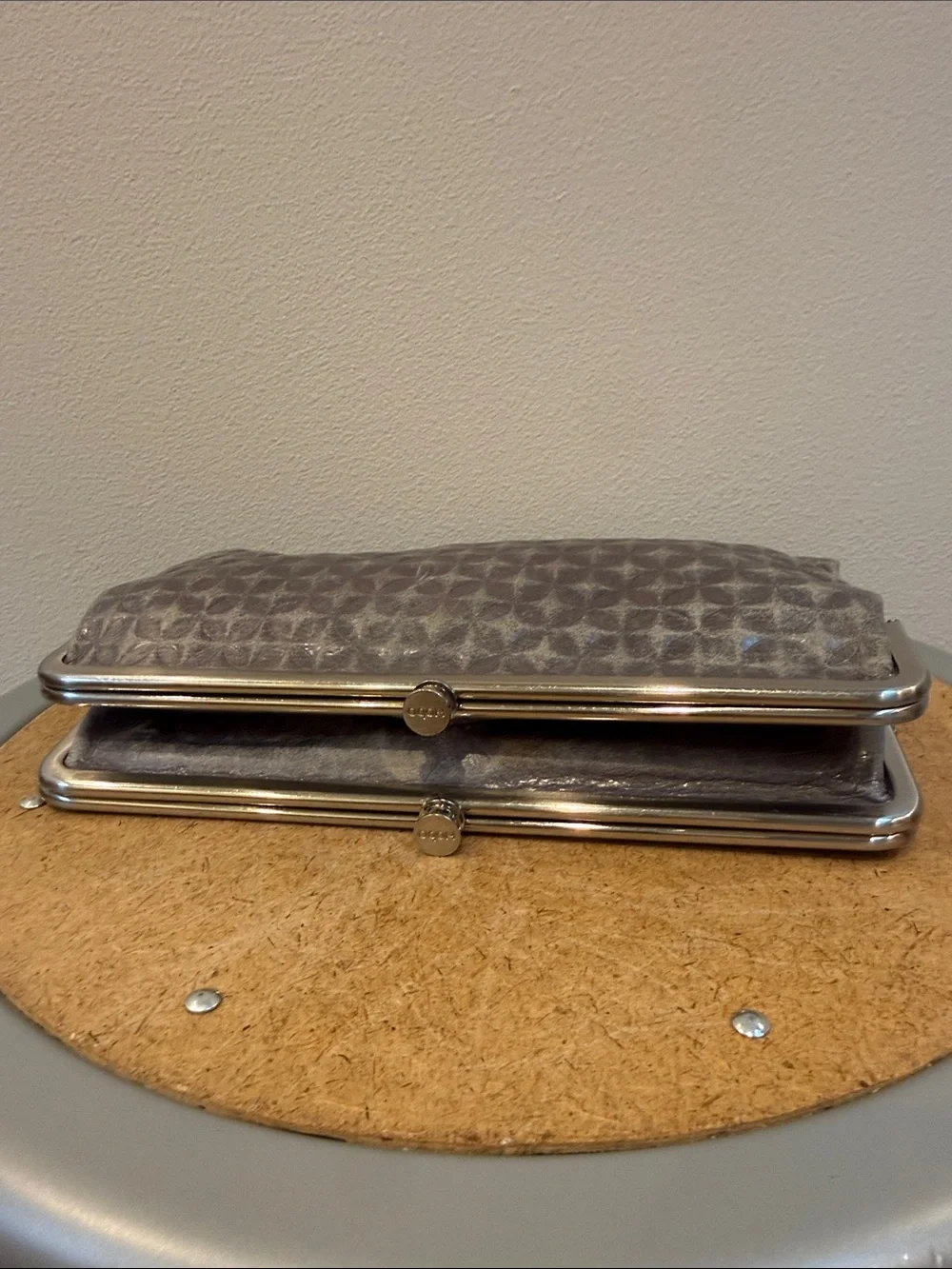 Gray Leather Hobo Laure Double Frame Clutch Wallet